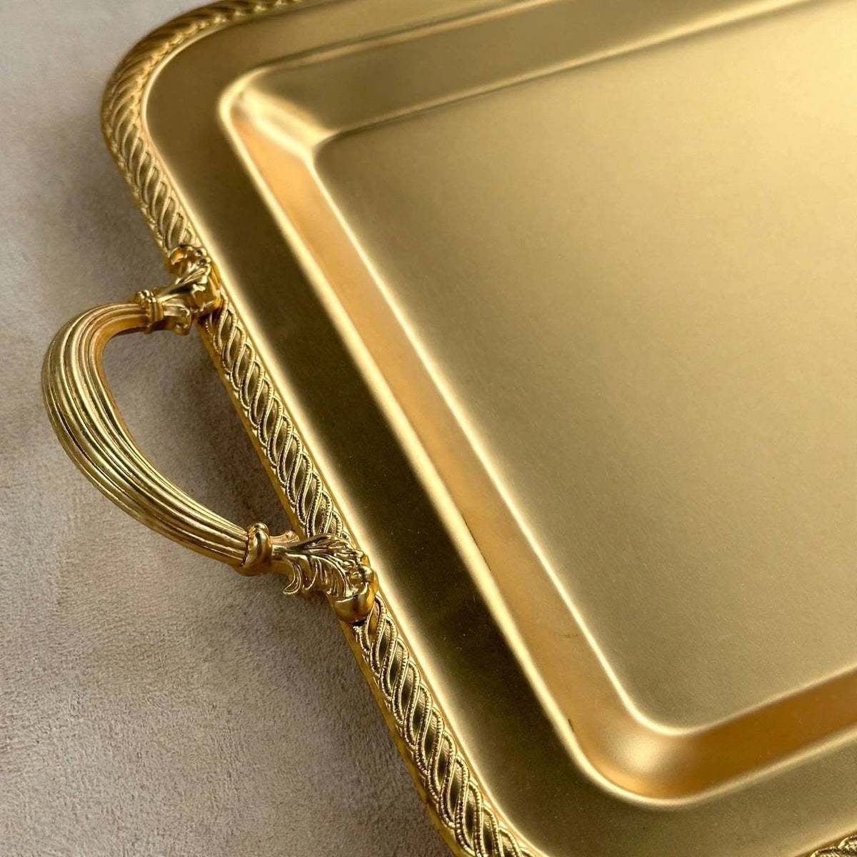 Royal Gilded Stainless Steel Serving Platter with Braided Rope Rim & Baroque Handles