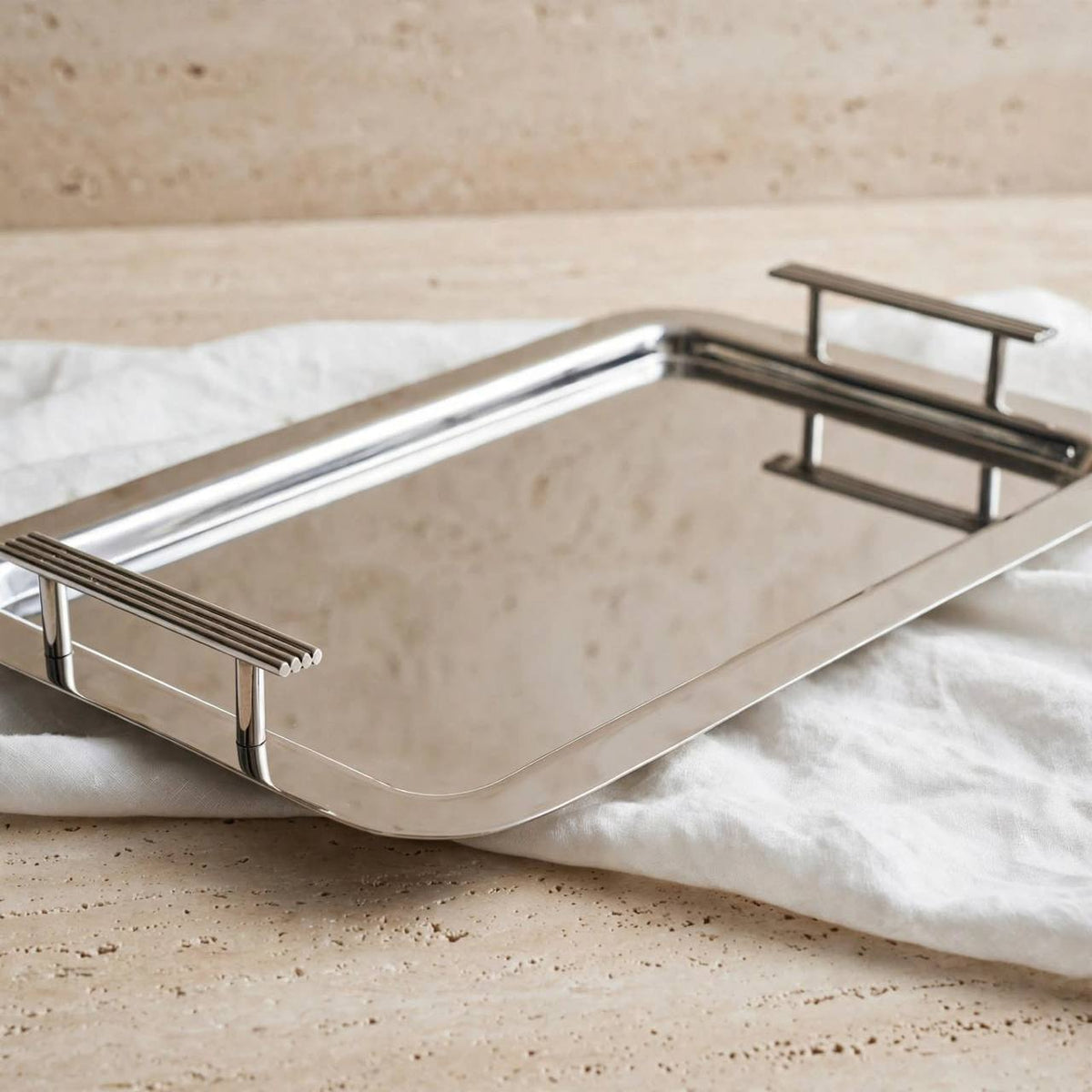 Modern Mirror Chrome Stainless Steel Serving Tray with Fluted Side Handles – 34 × 27 cm