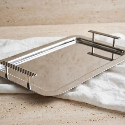 Modern Mirror Chrome Stainless Steel Serving Tray with Fluted Side Handles – 34 × 27 cm