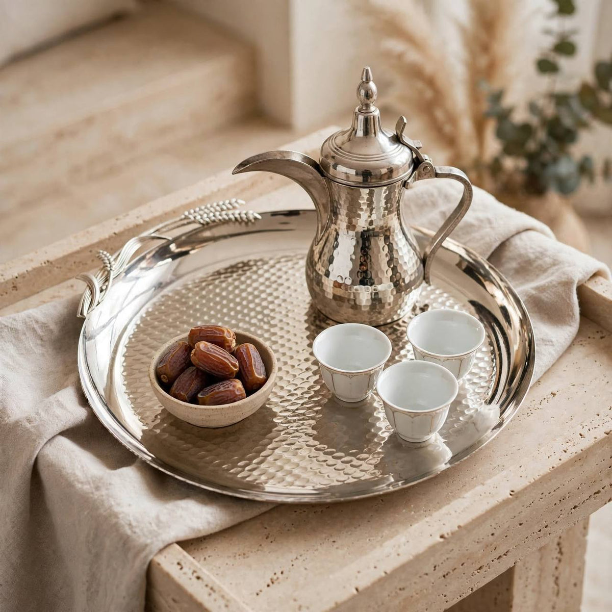 Artisanal All-Silver Round Stainless Steel Serving Platter with Hammered Center & Sculpted Wheat Sheaf Accent – 34 × 32 cm