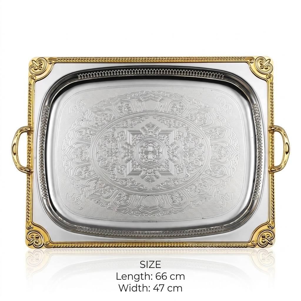 Grand Royal Dual-Tone Baroque Stainless Steel Serving Platter with Arabesque Etching, Pierced Gallery & Gilded Accents – 66 × 47 cm