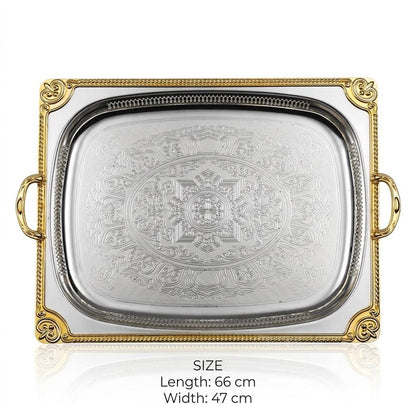 Grand Royal Dual-Tone Baroque Stainless Steel Serving Platter with Arabesque Etching, Pierced Gallery & Gilded Accents – 66 × 47 cm