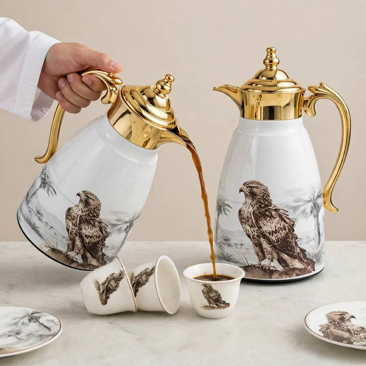 Heritage Falcon Edition 27-Piece Tea & Arabic Coffee Hospitality Set with Gilded Accents & Dual Thermal Carafes