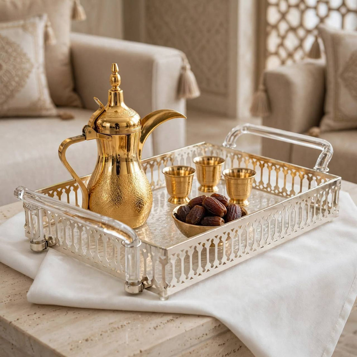 Modern Water-Ripple Acrylic Serving Tray with Silver Pierced Gallery & Clear Acrylic Handles – 44 × 25 cm - Mawaeen