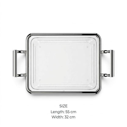 Modern Minimalist Clear Acrylic Serving Platter with Chrome Rim & Angular Metal Handles – 55 × 32 cm