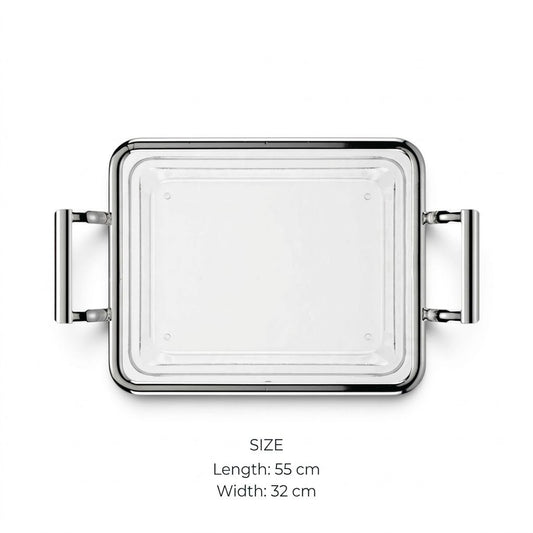 Modern Minimalist Clear Acrylic Serving Platter with Chrome Rim & Angular Metal Handles – 55 × 32 cm