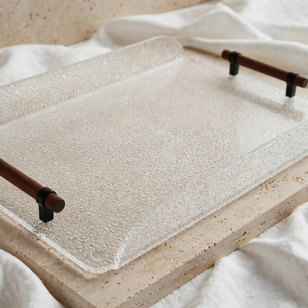 Modern Frosted Textured Acrylic Serving Platter with Cylindrical Dark Wood Handles – 48 × 30 cm - Mawaeen