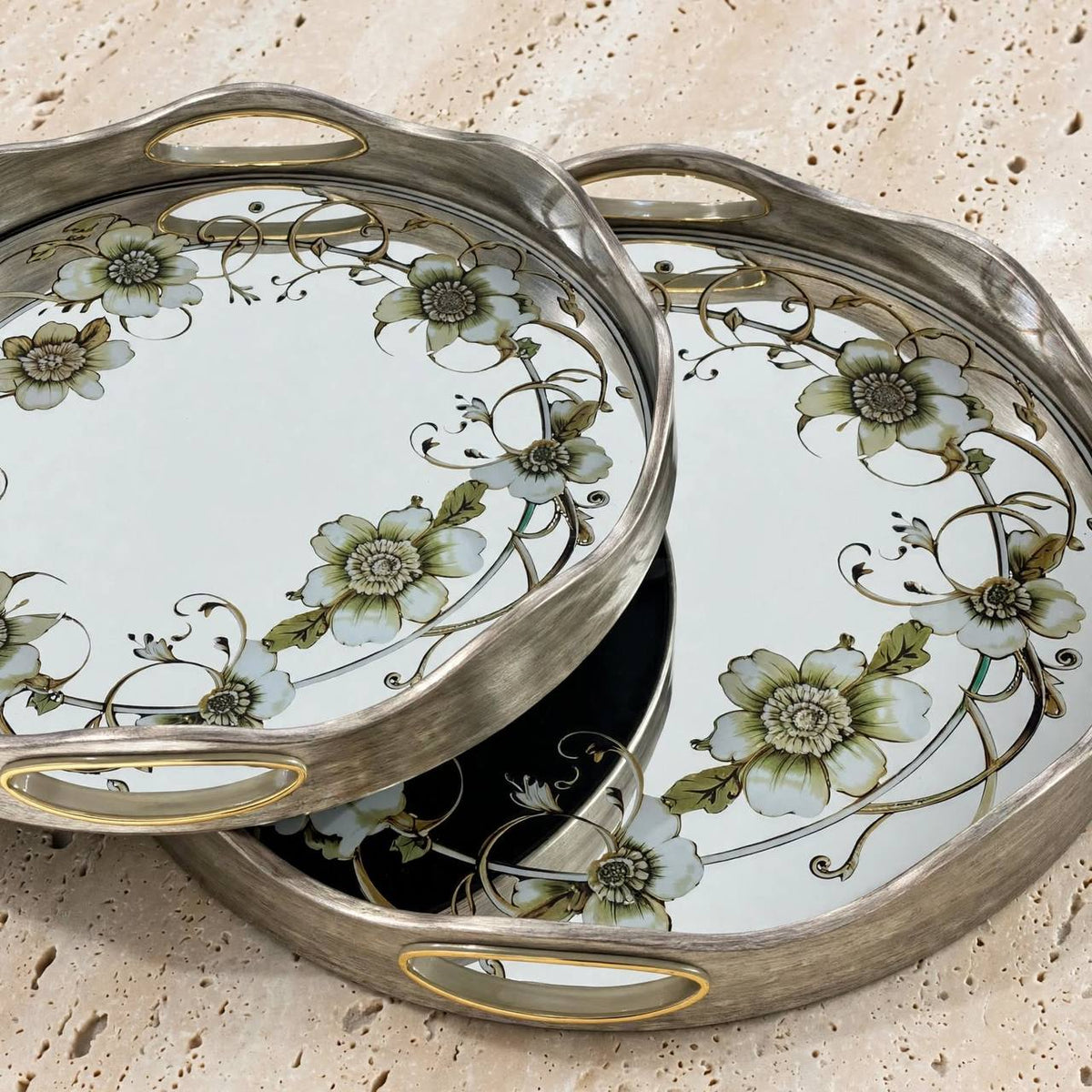 Elegant 2-Piece Round Serving Tray Set with Floral Botanical Print & Sculpted Silver Rim