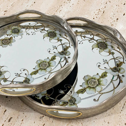 Elegant 2-Piece Round Serving Tray Set with Floral Botanical Print & Sculpted Silver Rim