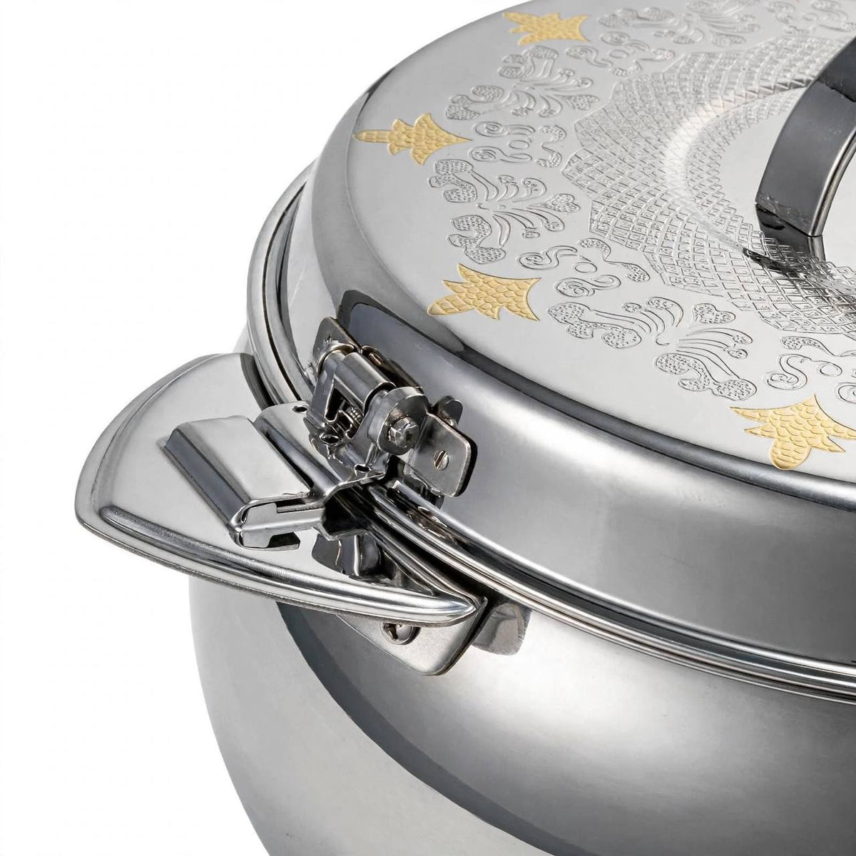 Royal Insulated Stainless Steel Thermal Food Warmer with Gold-Accented Laser Etched Lid & Locking Clamps – 5000 ml