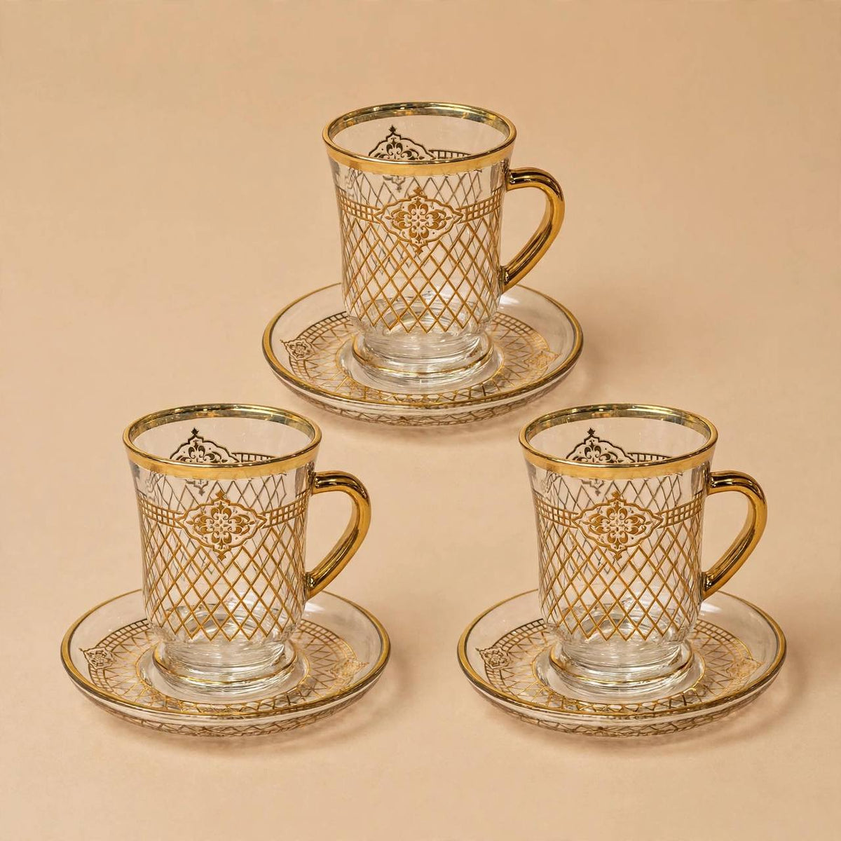 Glass Tea Cups & Saucers 12 Pcs Set Gold Pattern