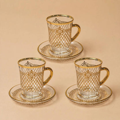 Glass Tea Cups & Saucers 12 Pcs Set Gold Pattern