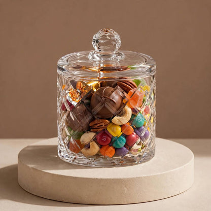 candy jar( S )c/diamond-y285Diamond Cut Glass Candy Jar with Lid – 15x10cm - Mawaeen