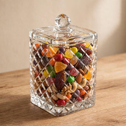 Tall Square Diamond Cut Glass Candy Jar with Lid – 20x10cm