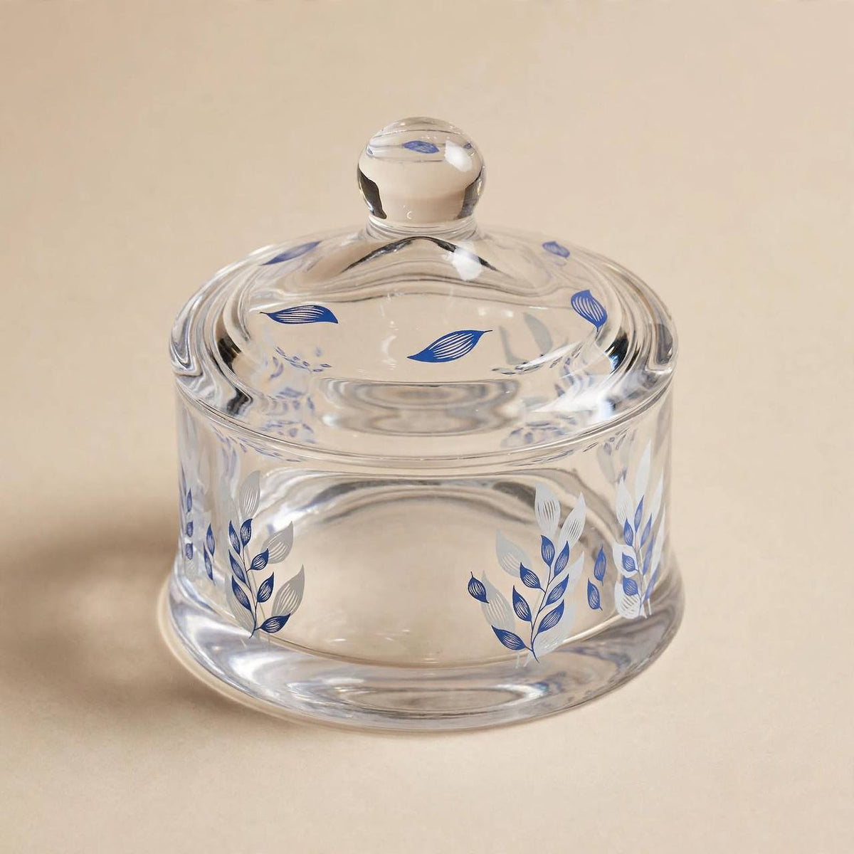 Blue Foliage Printed Glass Sugar Bowl with Lid – 12x10cm