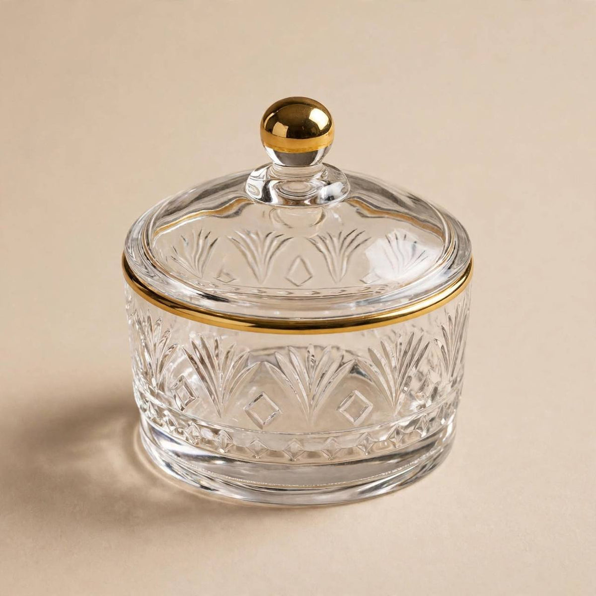 Gold Rim Cut Crystal Glass Sugar Bowl with Lid – 10x9cm
