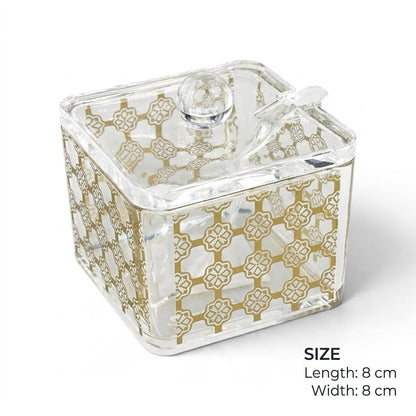 Compact Square Acrylic Sugar Pot with Gold Arabesque Pattern, Lid & Spoon – 8x8cm