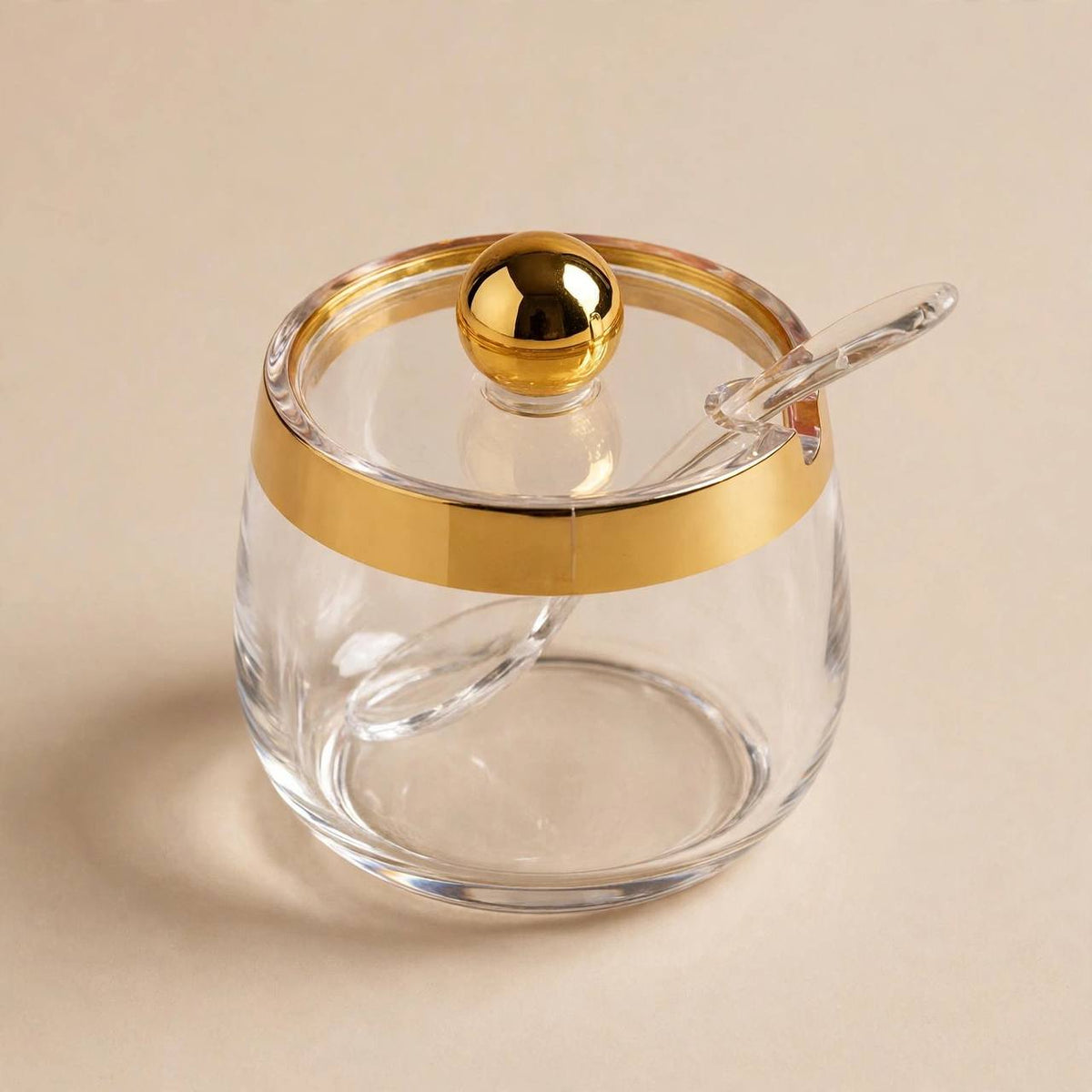 Modern Clear Acrylic Sugar Pot with Wide Gold Rim, Sphere Lid & Spoon – 9x7cm