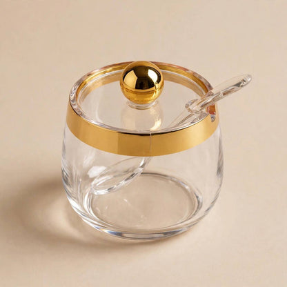 Modern Clear Acrylic Sugar Pot with Wide Gold Rim, Sphere Lid & Spoon – 9x7cm