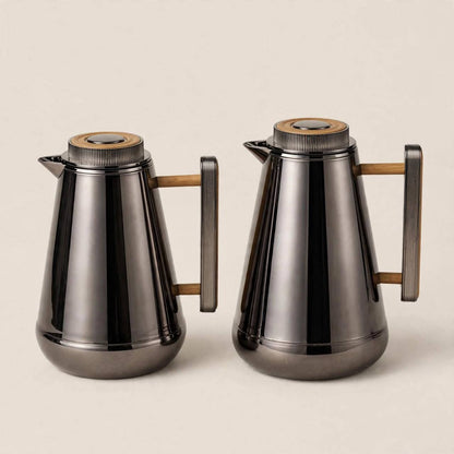 Al Saif Chrome & Wood Thermal Dallah Set (2-Piece, 1L & 0.75L)