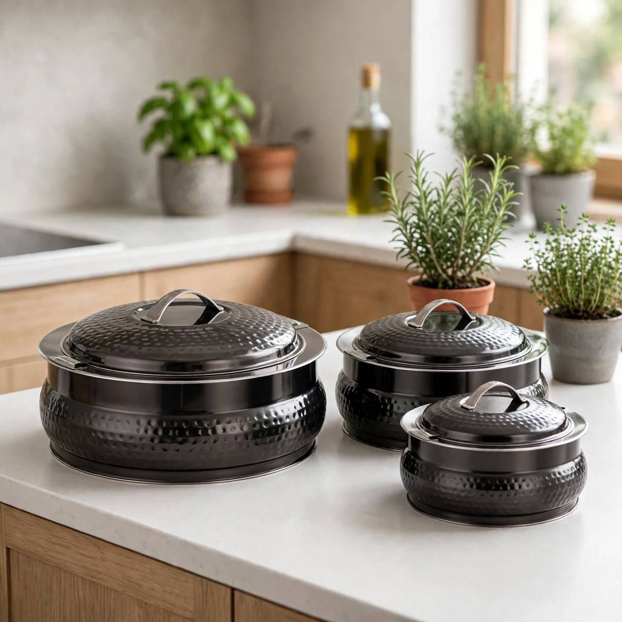 Al Marjan 3-Piece Hammered Dark Chrome Hotpot Serving Set (2.5L, 4.8L, 6L)