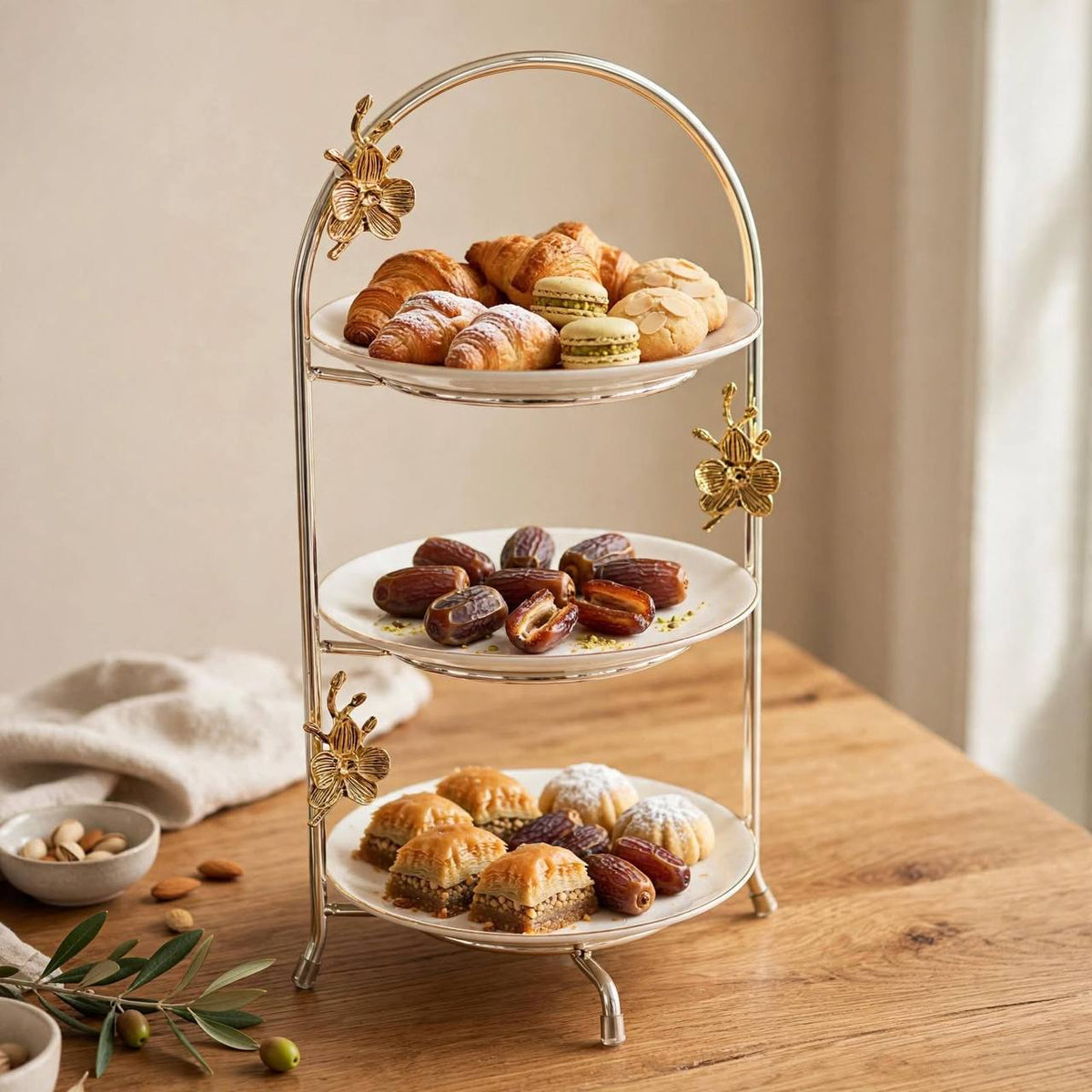 Silver & Gold-Tone Ceramic 3-Tier Round Candy & Sweets Display Stand