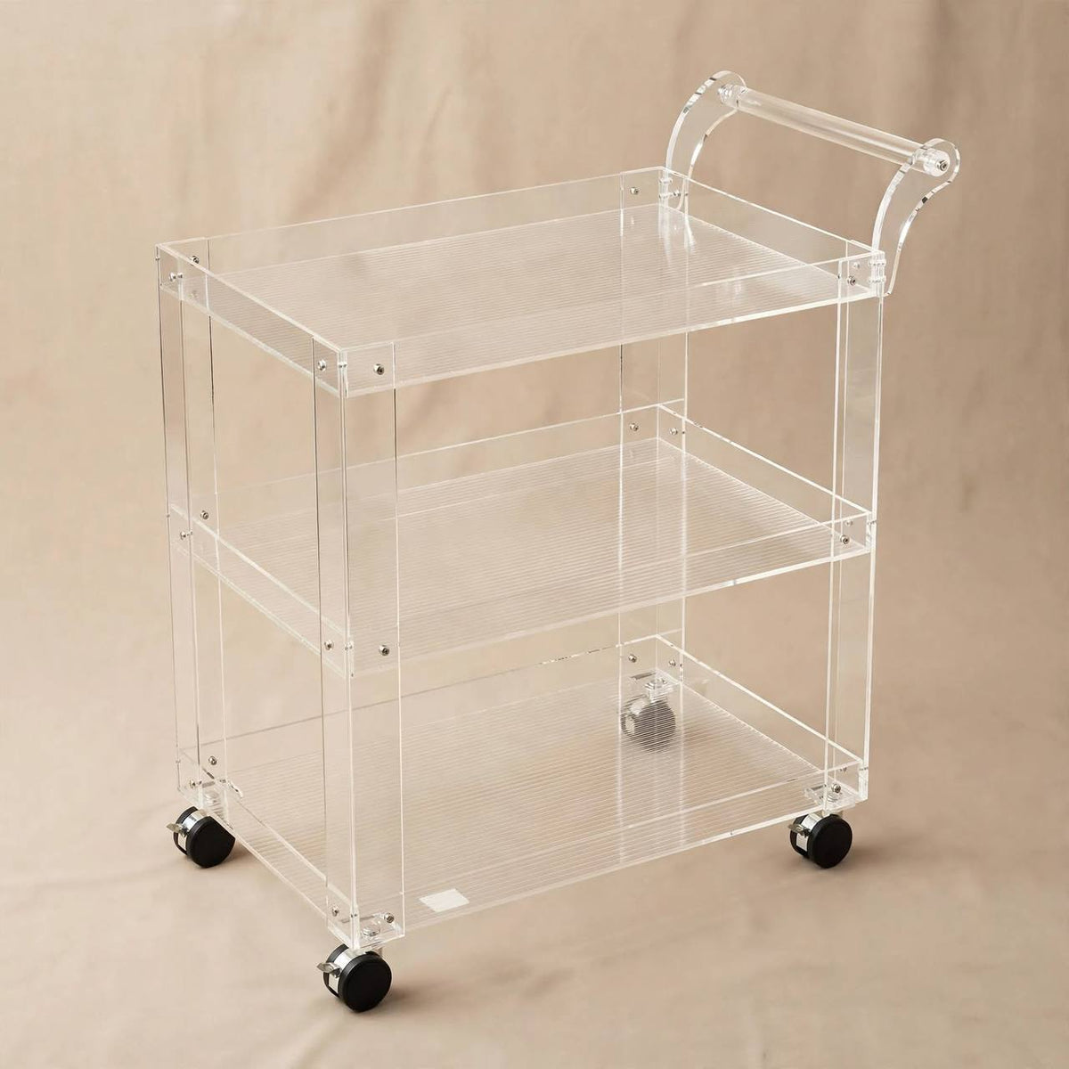 3-Tier Transparent Clear Acrylic Serving Trolley with Ribbed Shelves and Silver Hardware