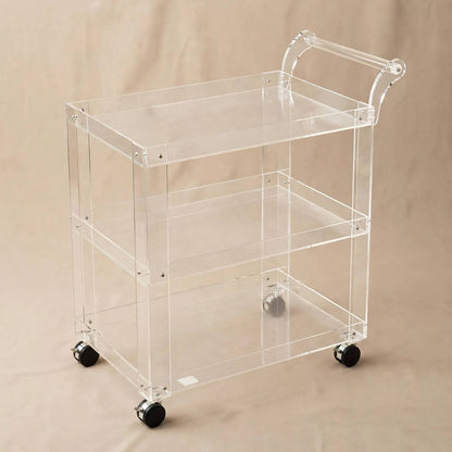 3-Tier Transparent Clear Acrylic Serving Trolley with Ribbed Shelves and Silver Hardware