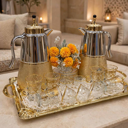 Gold & Crystal Cut Tea & Coffee Hospitality Set with Baroque Serving Tray & Floral Accent