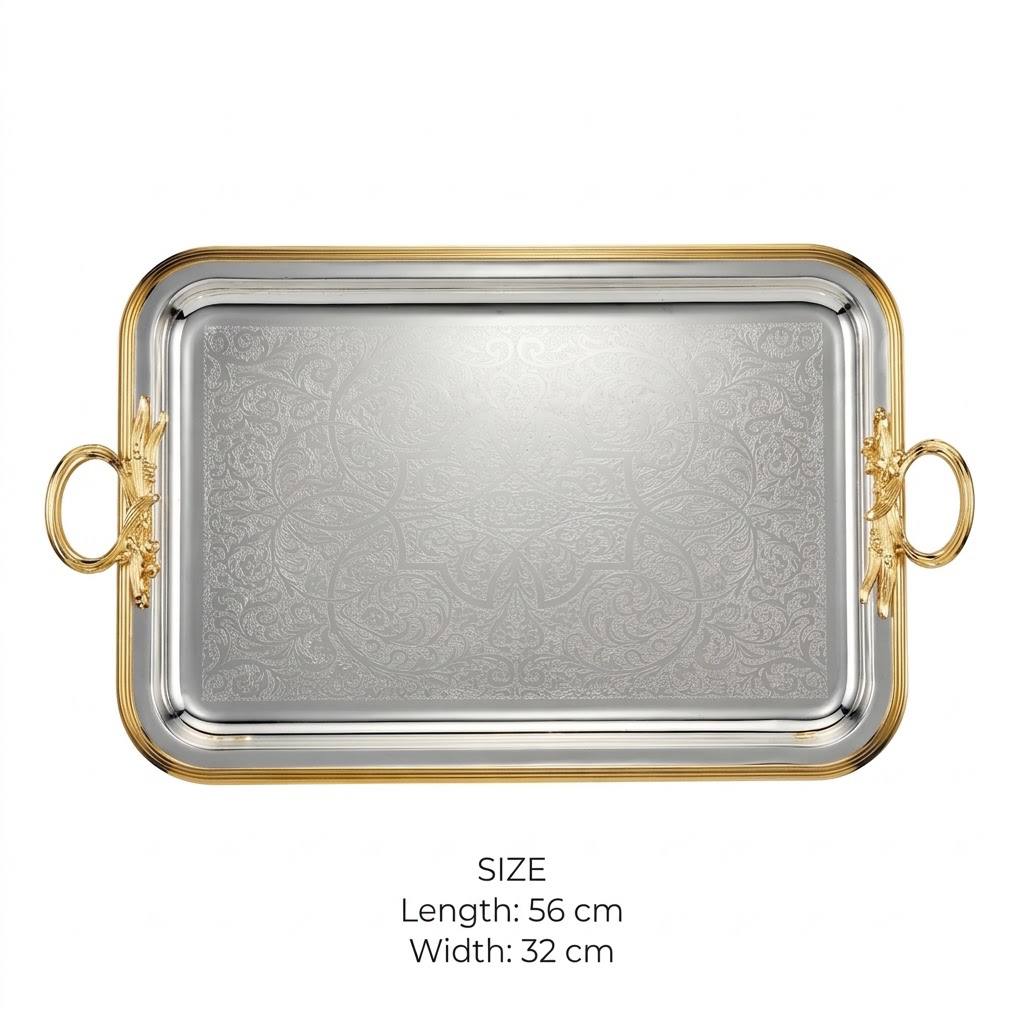 Royal Dual-Tone Arabesque Engraved Stainless Steel Serving Tray with Gilded Rim & Foliage Handles – 56 × 32 cm