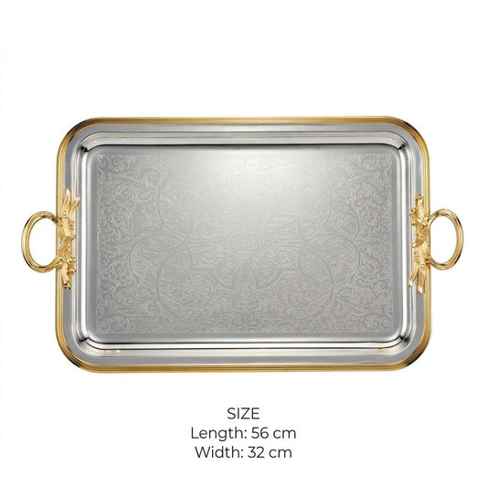 Royal Dual-Tone Arabesque Engraved Stainless Steel Serving Tray with Gilded Rim & Foliage Handles – 56 × 32 cm