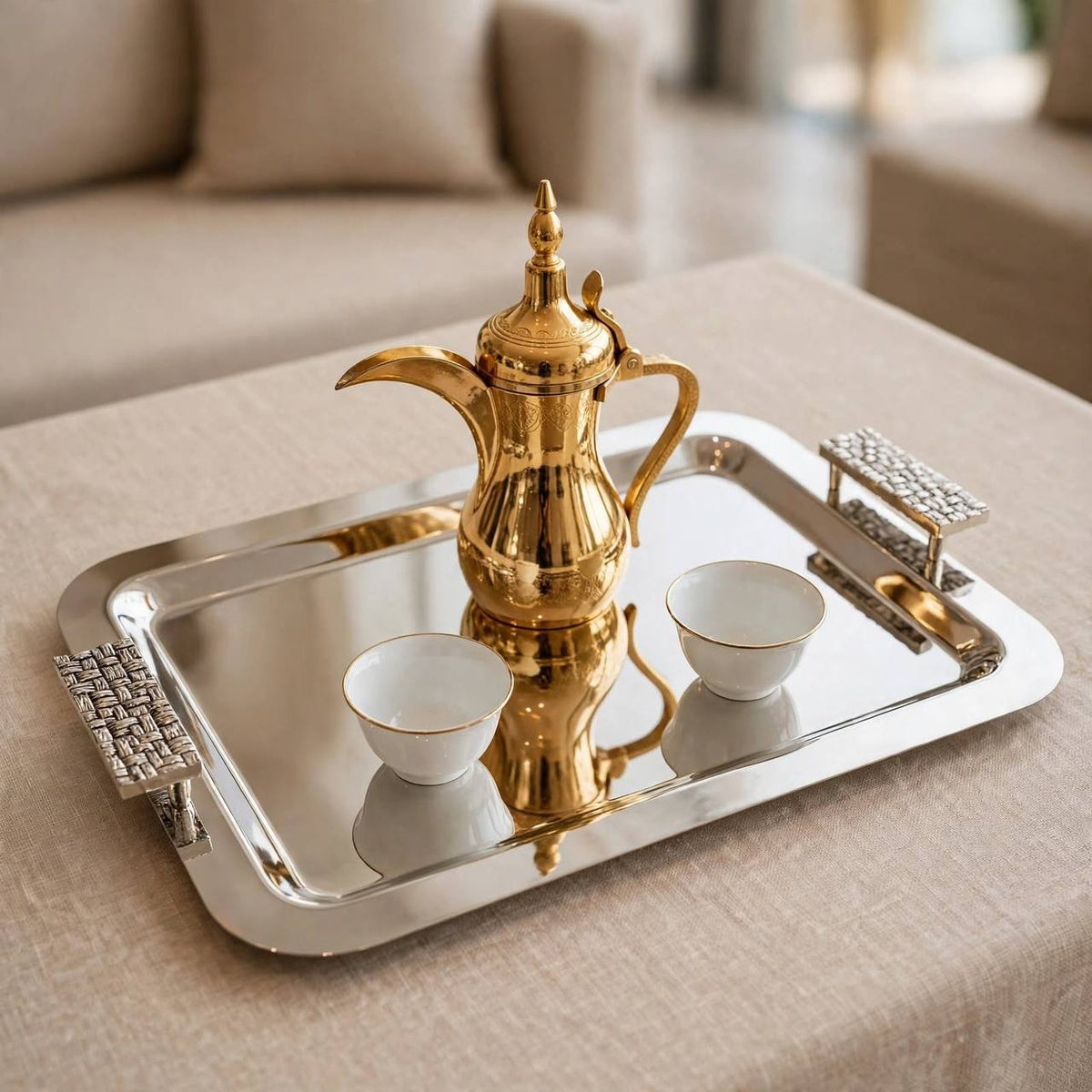 Contemporary Mirror Chrome Stainless Steel Serving Platter with Textured Silver Handles – 51 × 32 cm