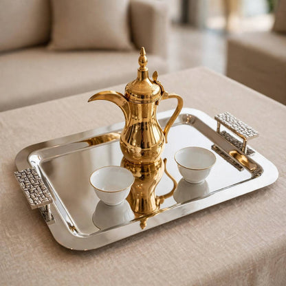 Contemporary Mirror Chrome Stainless Steel Serving Platter with Textured Silver Handles – 51 × 32 cm