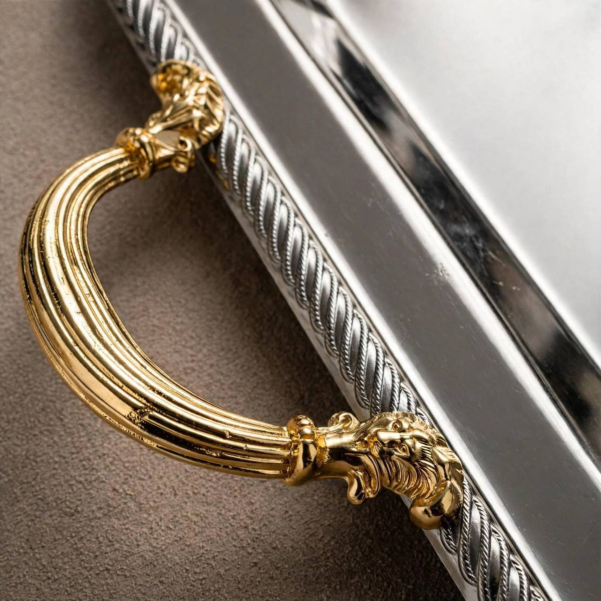 Royal Dual-Tone Stainless Steel Serving Tray with Braided Rope Rim & Gilded Baroque Handles