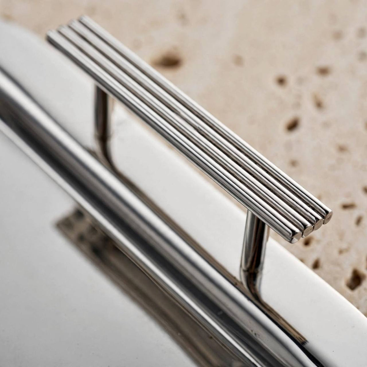 Modern Mirror Chrome Stainless Steel Serving Tray with Fluted Side Handles – 34 × 27 cm