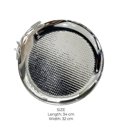 Artisanal All-Silver Round Stainless Steel Serving Platter with Hammered Center & Sculpted Wheat Sheaf Accent – 34 × 32 cm