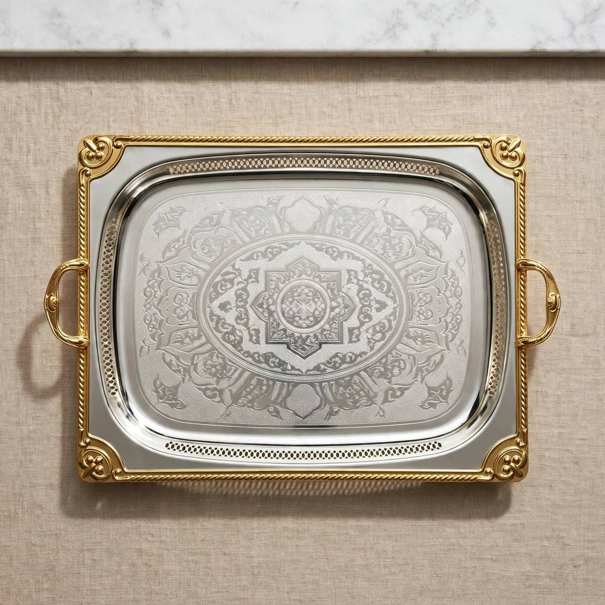 Grand Royal Dual-Tone Baroque Stainless Steel Serving Platter with Arabesque Etching, Pierced Gallery & Gilded Accents – 66 × 47 cm
