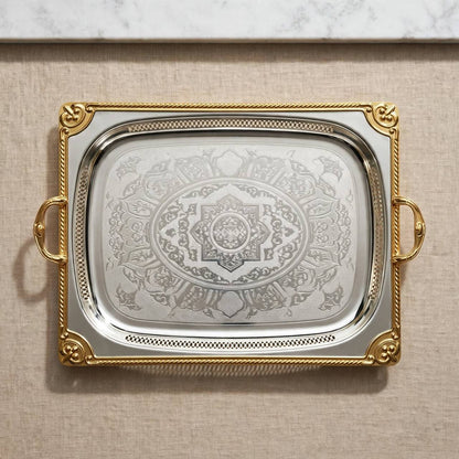 Grand Royal Dual-Tone Baroque Stainless Steel Serving Platter with Arabesque Etching, Pierced Gallery & Gilded Accents – 66 × 47 cm