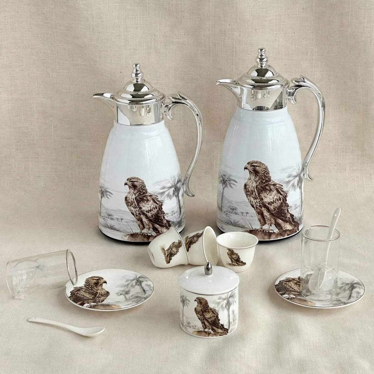 Heritage Falcon Edition 27-Piece Tea & Arabic Coffee Hospitality Set with Chrome Accents & Dual Thermal Carafes