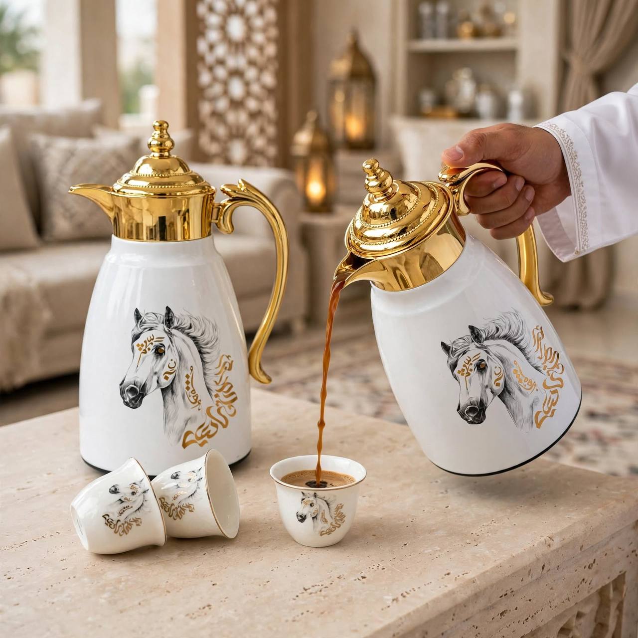 Royal Arabian Stallion 27-Piece Tea & Coffee Hospitality Set with Gilded Accents & Dual Thermal Carafes