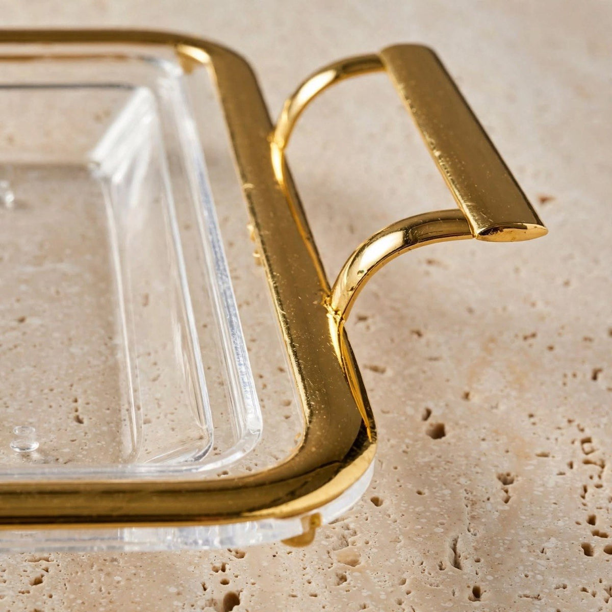 Luxury Minimalist Clear Acrylic Serving Platter with Gilded Frame & Rectangular Metal Handles – 55 × 32 cm
