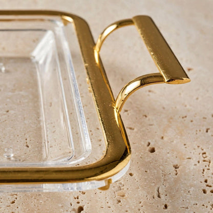 Luxury Minimalist Clear Acrylic Serving Platter with Gilded Frame & Rectangular Metal Handles – 55 × 32 cm