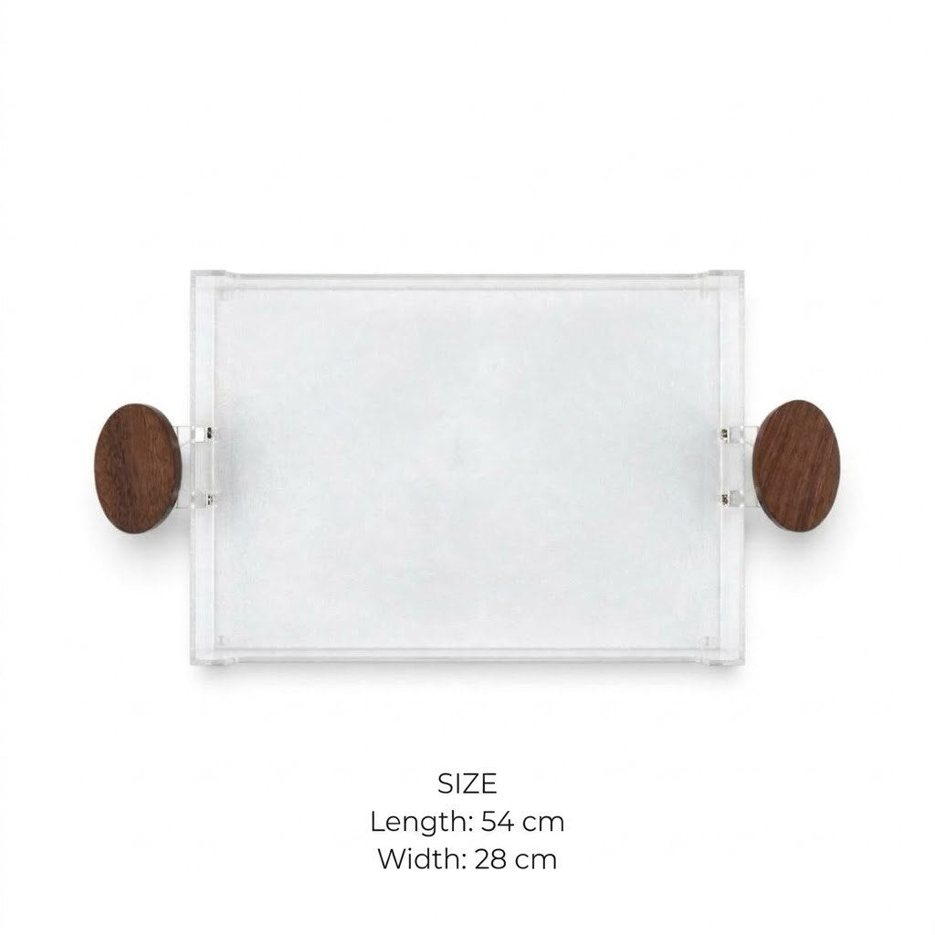 Modern Clear Acrylic Serving Tray with Round Natural Wood Side Handles – 54 × 28 cm