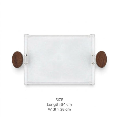 Modern Clear Acrylic Serving Tray with Round Natural Wood Side Handles – 54 × 28 cm