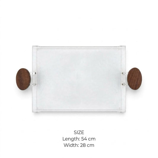 Modern Clear Acrylic Serving Tray with Round Natural Wood Side Handles – 54 × 28 cm