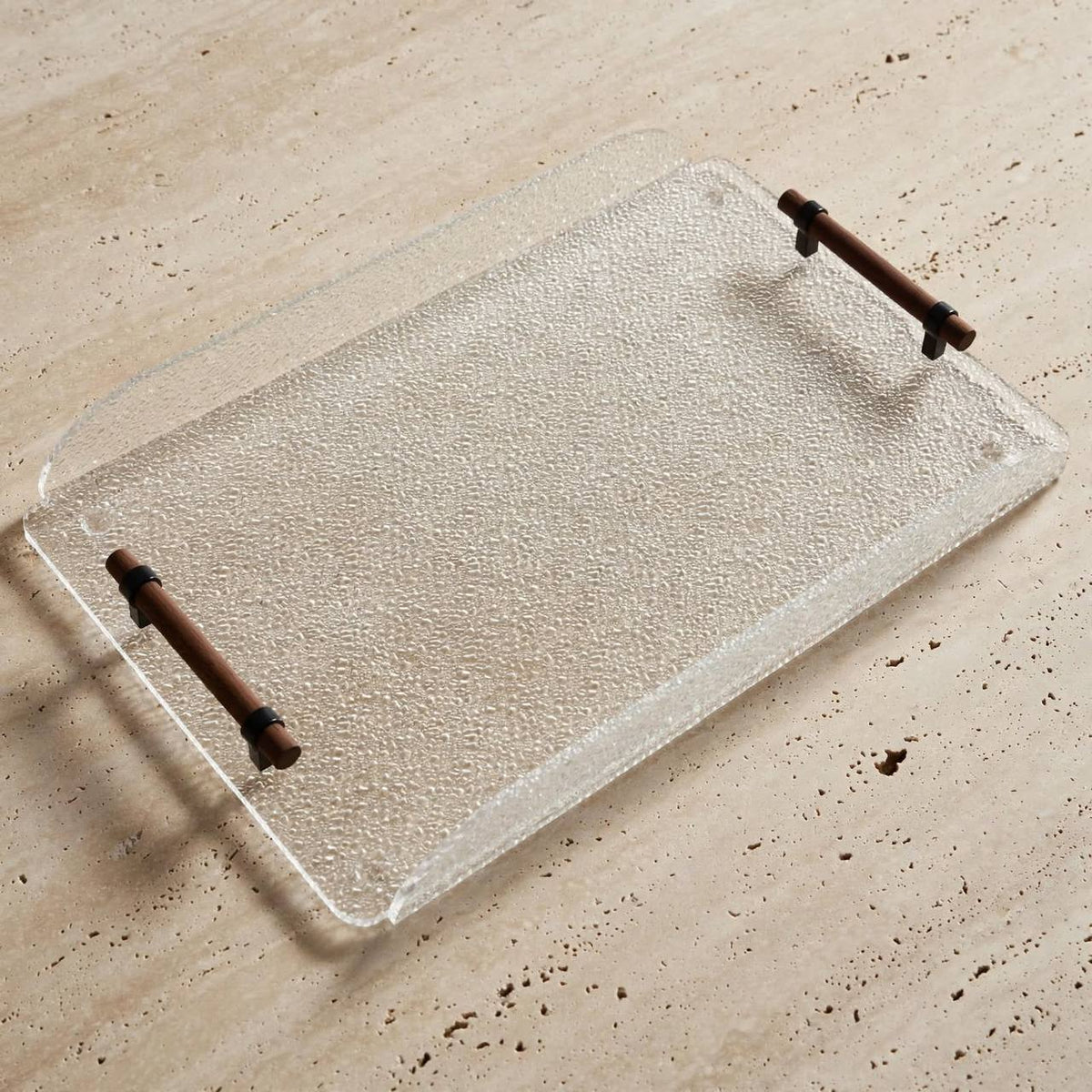 Modern Frosted Textured Acrylic Serving Platter with Cylindrical Dark Wood Handles – 48 × 30 cm - Mawaeen