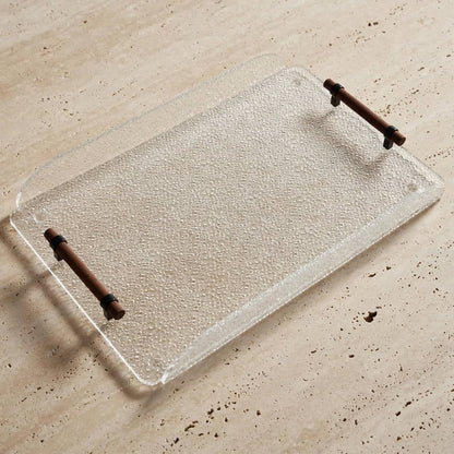 Modern Frosted Textured Acrylic Serving Platter with Cylindrical Dark Wood Handles – 48 × 30 cm - Mawaeen