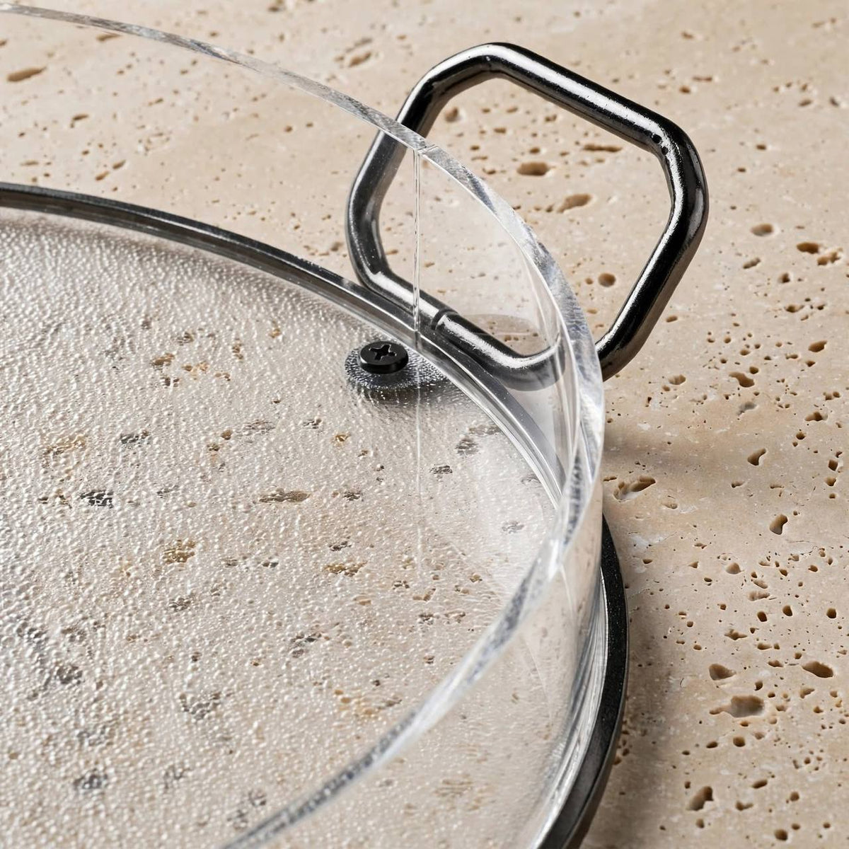 Modern Round Clear Acrylic Serving Platter with Mirror Chrome Frame & Loop Handles – 44 × 36 cm