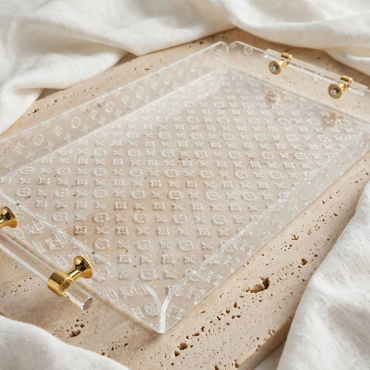 Luxury Monogram Pattern Clear Acrylic Serving Platter with Cylindrical Handles & Polished Gold Hardware – 52 × 27 cm