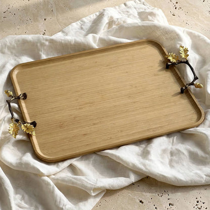 Natural Wood Rectangular Serving Platter with Gilded Oak Leaf Branch Handles – 57 × 37 cm